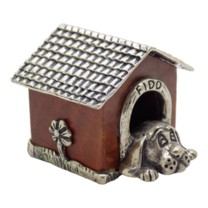 Vintage Italian Handmade Genuine Silver & Wooden Large Doghouse & Dog Figurine