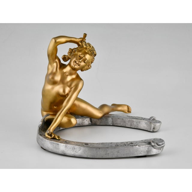 Metal Georges Recipon, Nude Sculpture on Horseshoe, 1896, Bronze For Sale - Image 7 of 12
