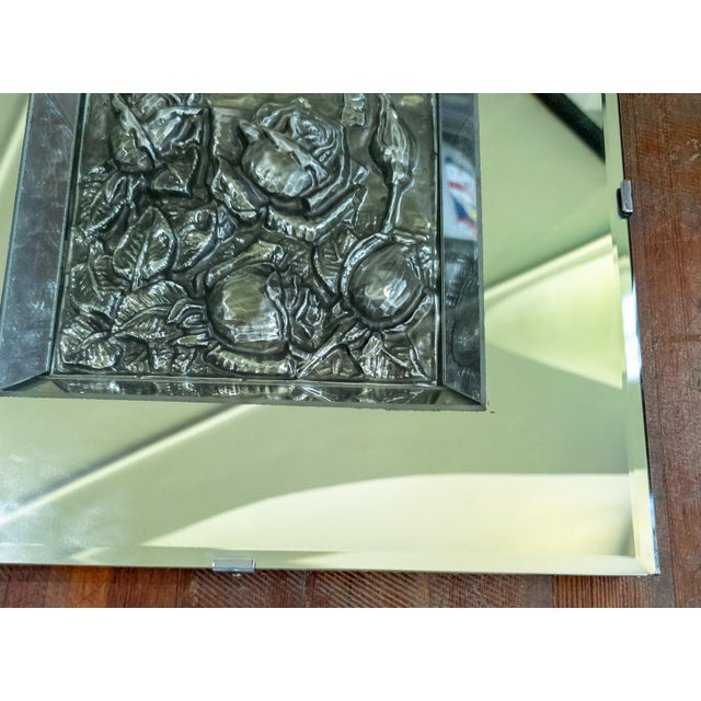 Mid 20th Century Mid-Century Mirror Shadowbox Frame With Repousse Silver Floral Art For Sale - Image 5 of 13