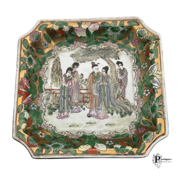 Asian Style Vintage Qing Period Famille Rose Medallion Square Decorative Plate For Sale - Image 4 of 8
