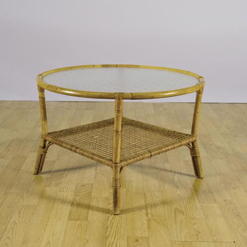 Round Bamboo and Rattan Coffee Table with Glass Top and Woven Shelf, 1950s For Sale - Image 3 of 9