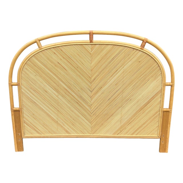 Vintage Pencil Reed Style Rattan Wicker Queen Headboard in Coastal Boho Chic Style For Sale