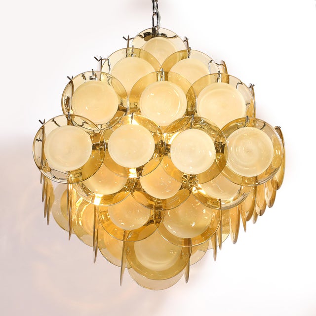 Metal Modernist Hand-Blown Murano Glass Pagoda Form Disc Chandelier in Citrine Hue For Sale - Image 7 of 16
