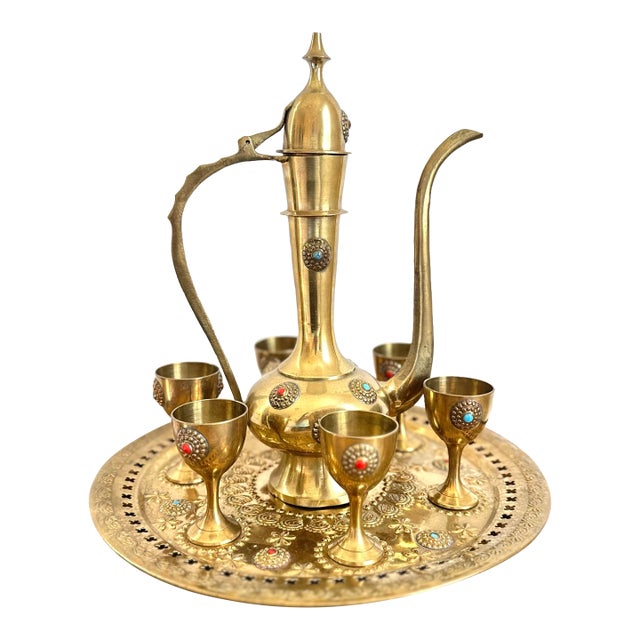 Vintage Brass Moroccan Brass Tea Set – 8 Pieces | Gemstone Inlay For Sale