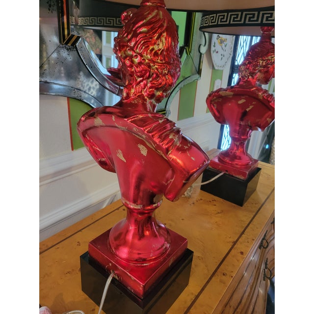 1990s Custom Finished Red, Gold Leaf Greek Goddess Black Shade Greek Key Trim Tall Table Lamps Tony Duquette Style - a Pair For Sale - Image 13 of 15