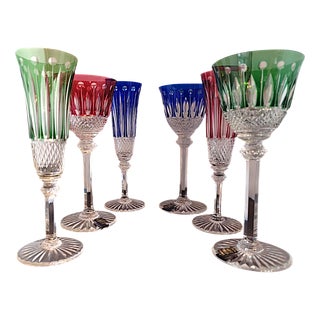 Tommy Flutes and Water Glasses in Colored Crystal from Saint Louis, 1950s, Set of 6 For Sale