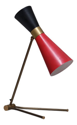 Adjustable Brass Desk Lamp in Black and Red Diabolo Shade from Stilnovo, Italy, 1950s