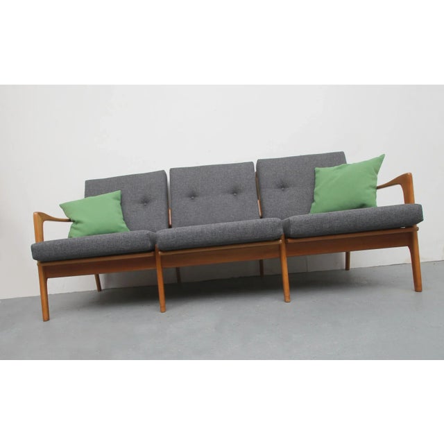 Cherry Wood Sofa with Green Cushions, 1960s For Sale - Image 9 of 11