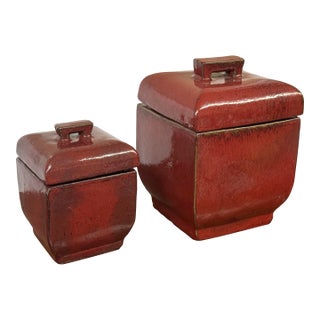 Glazed Ceramic Lidded Canisters, Set of Two For Sale