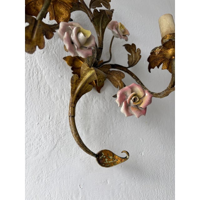 Yellow Heavy Wrought Iron Roses Pink Yellow Gilt Italian Sconces, C 1900 For Sale - Image 8 of 9