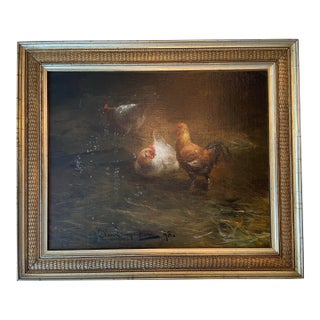Antique 19th Century Belgian Oil Painting Chickens Jef Louis Van Leemputten For Sale