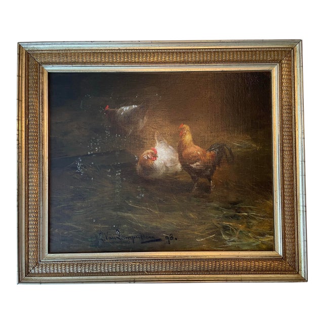 Antique 19th Century Belgium Oil Painting Chickens Jef Louis Van Leemputten For Sale