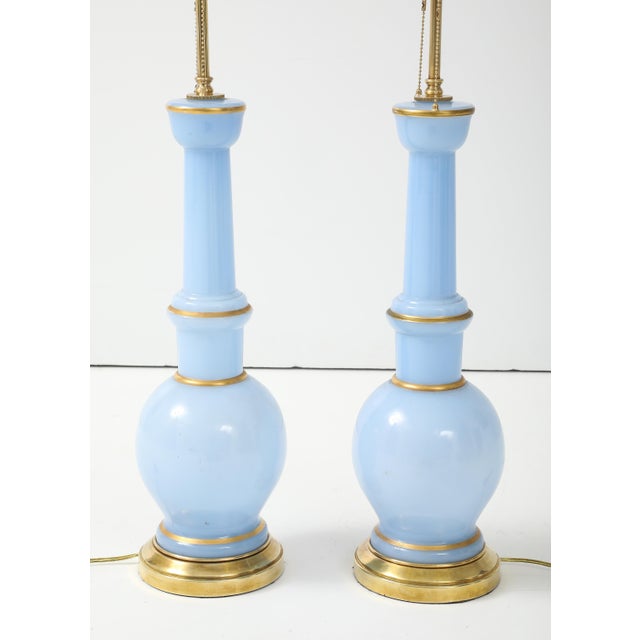 Mid-Century Modern Warren Kessler Blue Glass And Brass 1950's Table Lamps - A Pair For Sale - Image 3 of 12