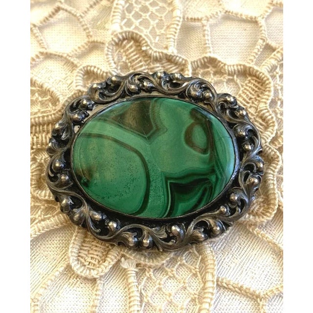 1900 - 1909 Rare Antique Silver and Malachite Robert Merath Ulm Signed Brooch For Sale - Image 4 of 6