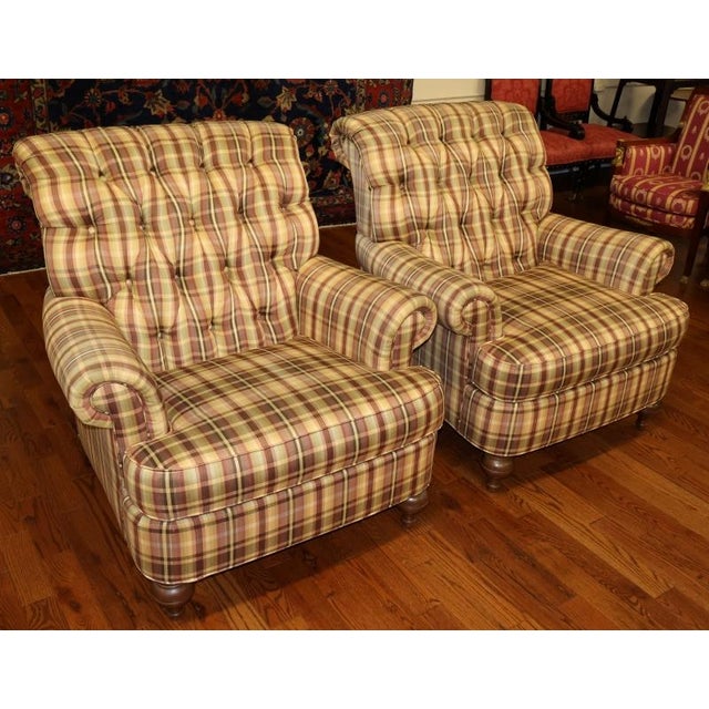 Pair of Ethan Allen Plaid Tufted Fireside Club Chairs and Ottoman- 3 Pieces For Sale In New York - Image 6 of 11
