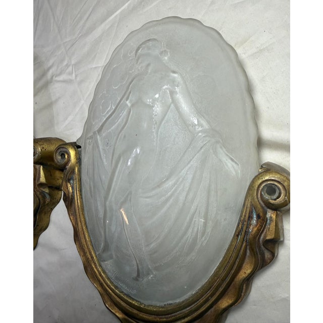 Antique Muller Freres Luniville Nymphs Bronze Glass Wall Sconces Fixtures - a Pair For Sale - Image 10 of 13