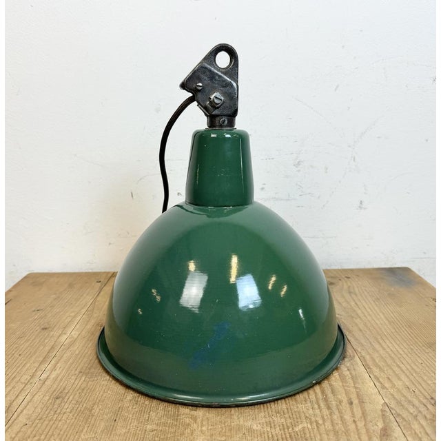 Industrial Green Enamel Factory Lamp with Cast Iron Top, 1960s For Sale - Image 16 of 18
