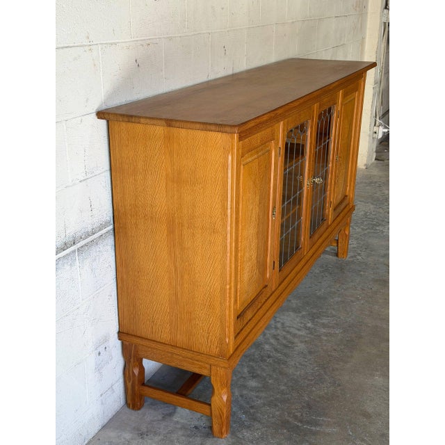 In Style of Henning Kjærnulf Oak Sideboard Credenza With Carved and Leaded Glass Doors Danish Mid-Century Modern 1970s For Sale - Image 9 of 11