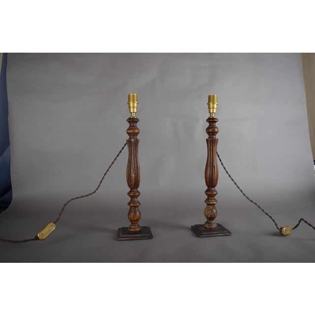 Vintage Turned Wood Table Lamps with Pleated Shades, France, 1970s, Set of 2 For Sale - Image 4 of 12