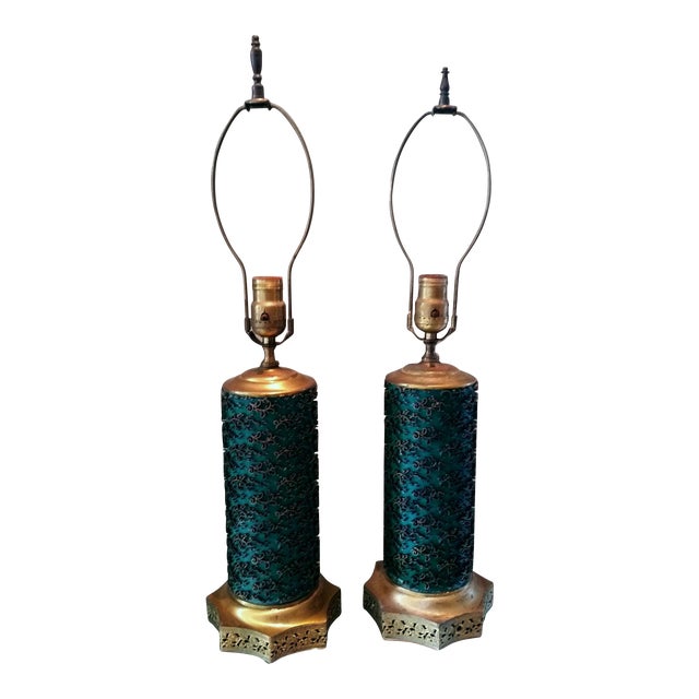 MidCentury Green Brass Wallpaper Roller Table Lamps A Pair Chairish