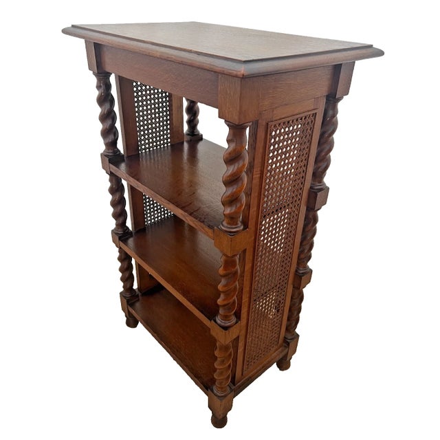 Brown Antique Bookcase French Jacobean Revival Oak 4-Tier Etagere Barley Twist, Cane For Sale - Image 8 of 13