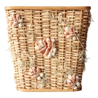 Vintage Floral Woven Rattan Waste Basket For Sale