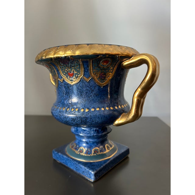 Mid 20th Century Vintage Cobalt Blue & Gold Gilded Urn Vase – ArtMark Japan Porcelain, Ornate Handles & Pedestal Base For Sale - Image 5 of 8