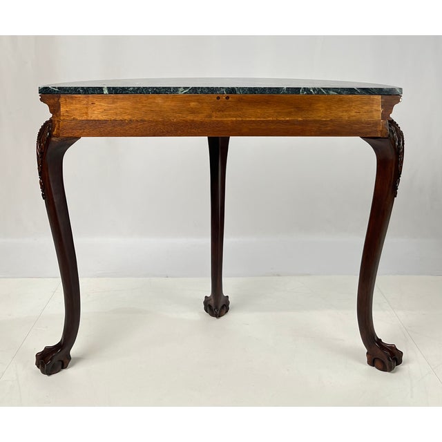 Vintage Chippendale Style Carved Mahogany Green Marble Top Demilune Console Table For Sale - Image 13 of 13