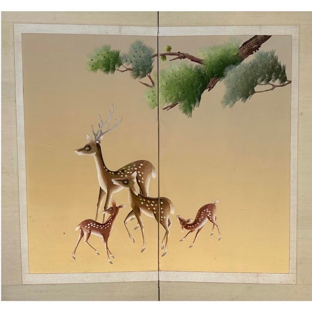 Antique Japanese Meiji Two-panel Embroidery Screen W/ Deer; Buck, Doe, Fawns, and Pine Tree, Ca. 1880s Description A...