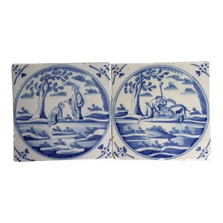 Set Two Dutch Frisian Blue and White Pottery Square Bible Tiles, the Prodigal Son For Sale