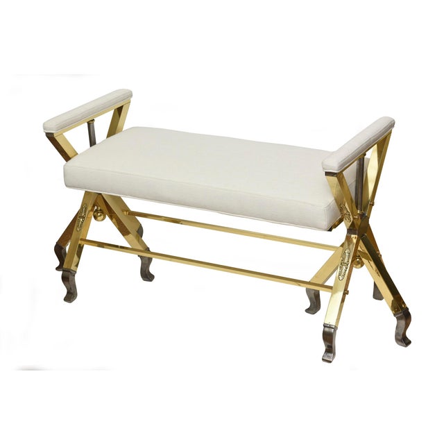 1950s Mid Century Modern 3 Legged Bench With Two Metals and Off White Upholstery, Restored, 1950's For Sale - Image 5 of 11