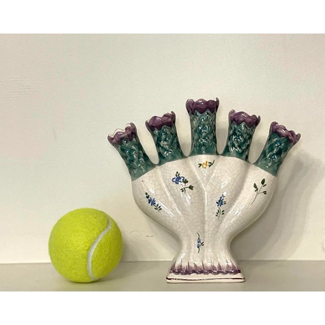 Vintage French Country Floral Painted Tulipiere Ceramic Vase, Purple & Green For Sale - Image 12 of 12