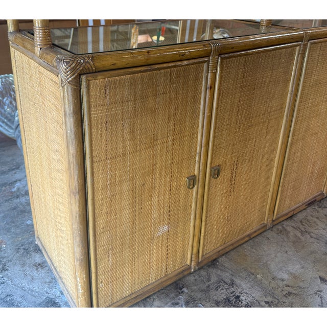 Coastal Vintage Coastal Rattan Etagere Cabinet With Glass Shelves For Sale - Image 3 of 8