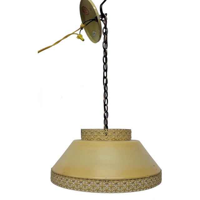 Vintage Yellow Gold Tole French Filagree Metal Hanging Ceiling Light Perfect for that Granny Retro Kitchen, Farmhouse,...