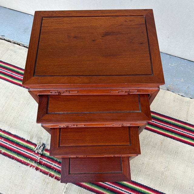 A Very Nice Set of 4 Vintage Chinoiserie Mahogany Nesting Tables, Circa 1960's For Sale - Image 4 of 12
