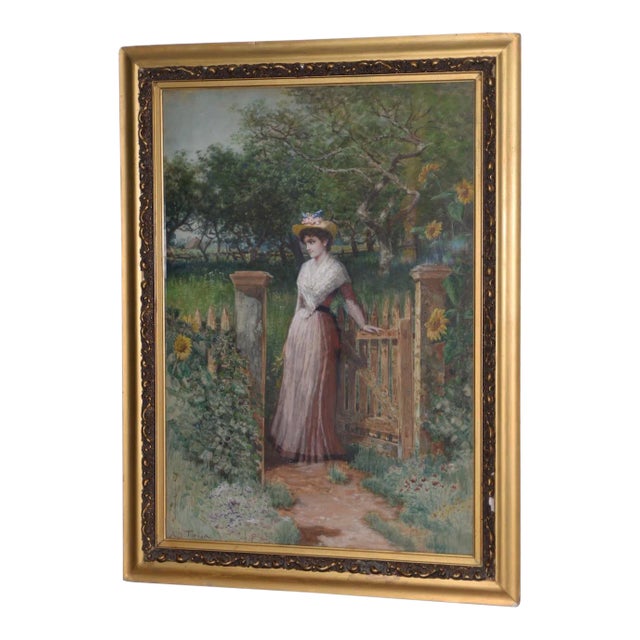 Early 20th C. Watercolor Portrait of an Young Woman at Gardens Gate C.1910 For Sale
