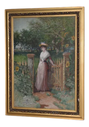 Early 20th C. Watercolor Portrait of an Young Woman at Gardens Gate C.1910