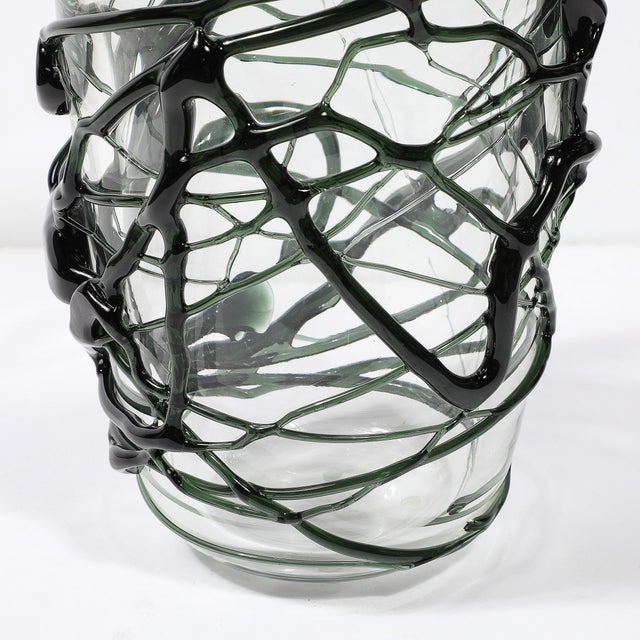 Hand-Blown Murano Glass Vases With Organic Viridian Green Sculptural Striations For Sale - Image 10 of 12