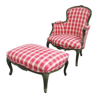 Louis XV Carved Plaid Green Painted Chair & Ottoman For Sale