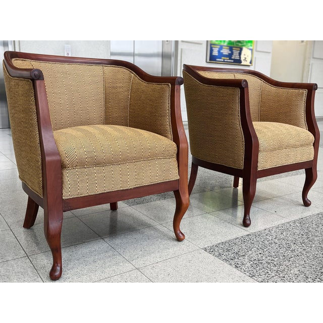 Frits Henningsen Danish Art Deco Mahogany Lounge Chairs in Donghia Gold Chevron - A Pair For Sale - Image 4 of 15