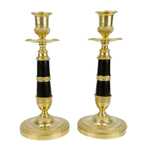 French Empire Style Gilt Bronze and Patinated Brass Candlesticks, Set of 2