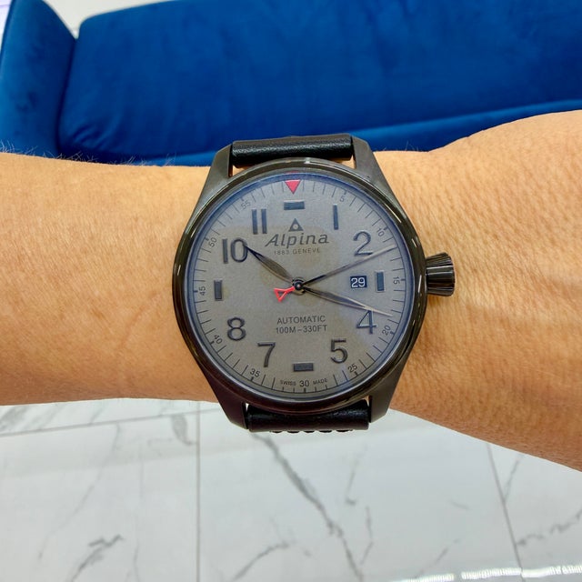 Black Alpina Startimer Pilot 44mm Al-525gg4fbs6 Grey Dial Leather Strap Steel Watch For Sale - Image 8 of 8