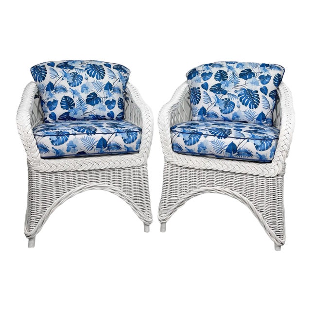 Rattan Club Chairs With New Hibiscus Cushions For Sale