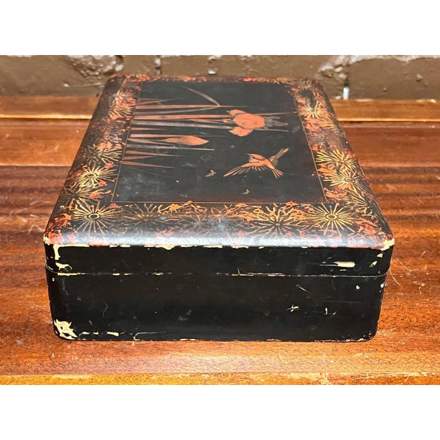 Wood Antique Japanese Lacquer Box Iris Flower & Bird Motif Black Red Gilt For Sale - Image 7 of 8