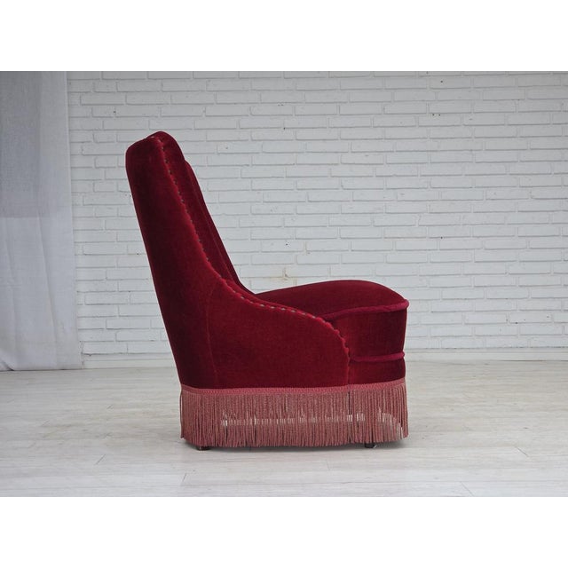 1960s Danish Armchair in Red Furniture Velour and Beech Wood Legs, 1960s For Sale - Image 5 of 18
