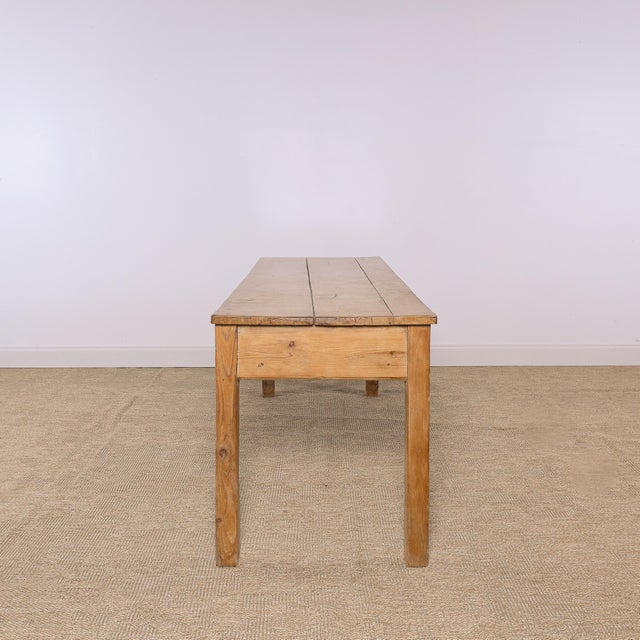 Wood Antique Pine Farmhouse Table With Two Drawers | Circa 1880 For Sale - Image 7 of 8