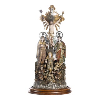 Portuguese Artist, Sacred Calvary, 19th Century, Polychrome and Gilded Wood with Glass Dome For Sale