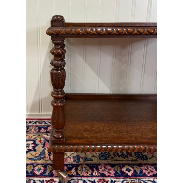 1930s Antique French Trolley Tea Cart Pastry Cart Dumbwaiter 2-Tier Oak C. 1930s For Sale - Image 5 of 18