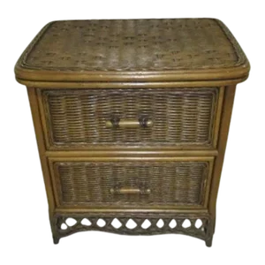 1980s Wicker Rattan Nightstand 2 Drawer Dark Tone