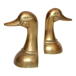 Pair 1950s Patinated Cast Brass Duck Mallard Head Bookends Mid-Century Modern